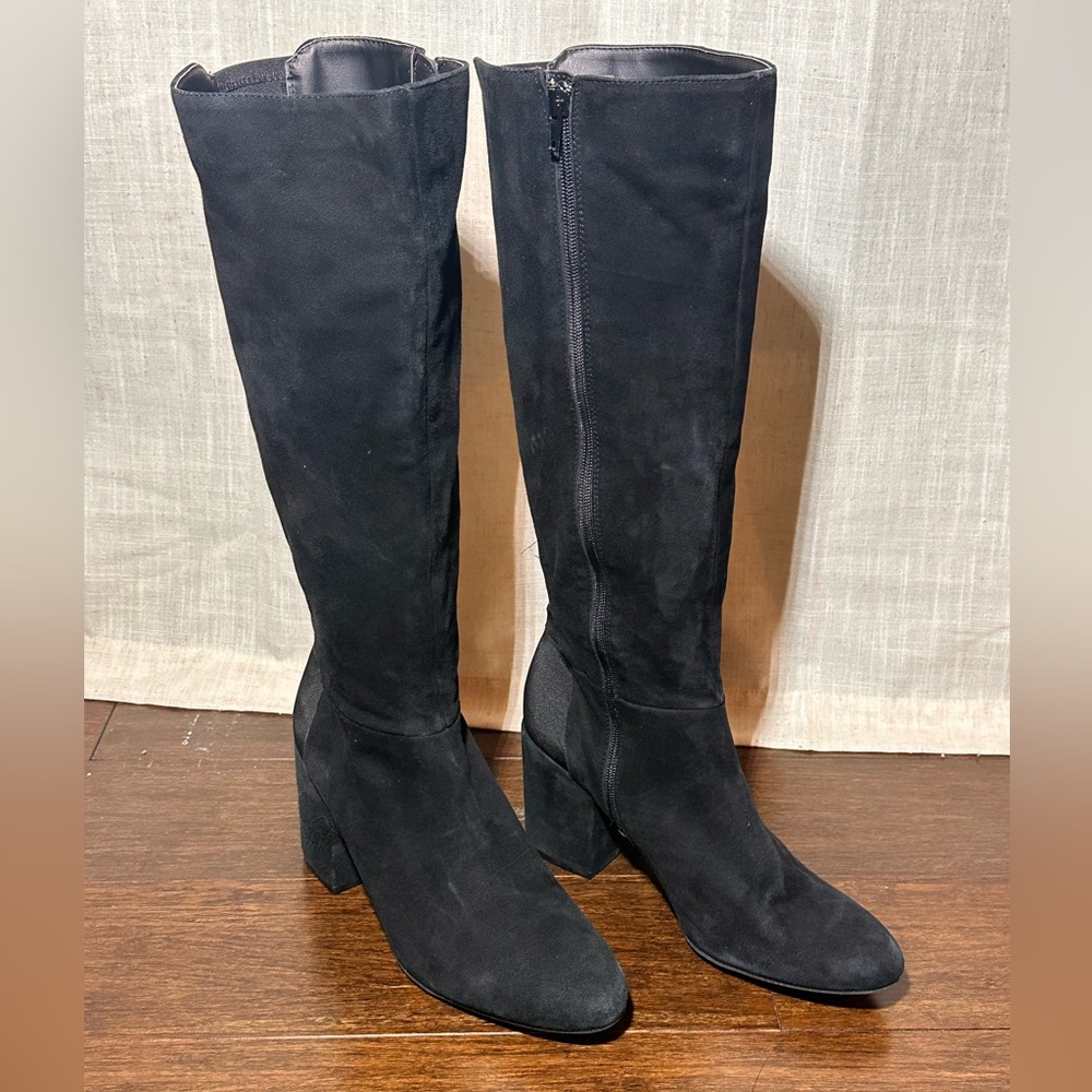 Me Too Black Suede Tall Knee High Boots Women’s Size 10 Block Heel Side Zip